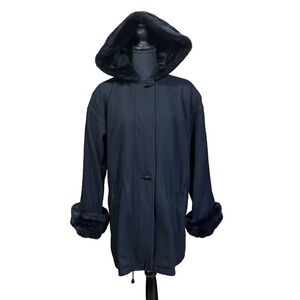 Herman Kay Wool Blend Faux Fur Pea Coat Hooded Black Size 10 M Toggle Button